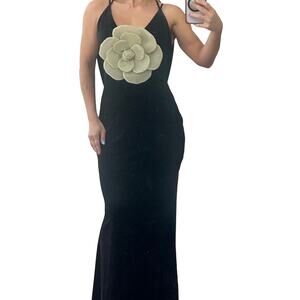 Innovare Denim Black Velvet Maxi Dress XS NWT Oversized Gold Flower Cowl Back